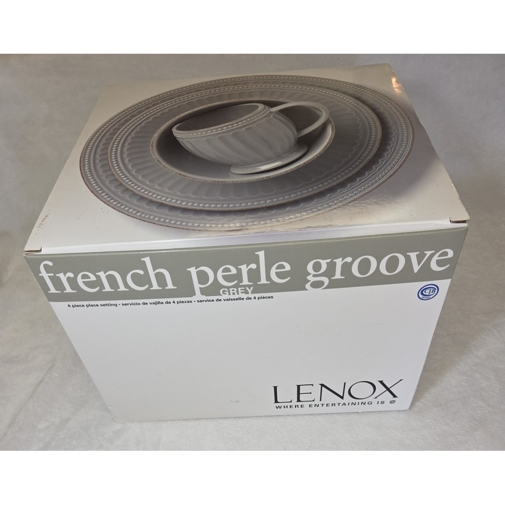 Lenox‎ FRENCH PERLE GROOVE Grey 4pc Place Setting New in Box Plates Bowl Mug